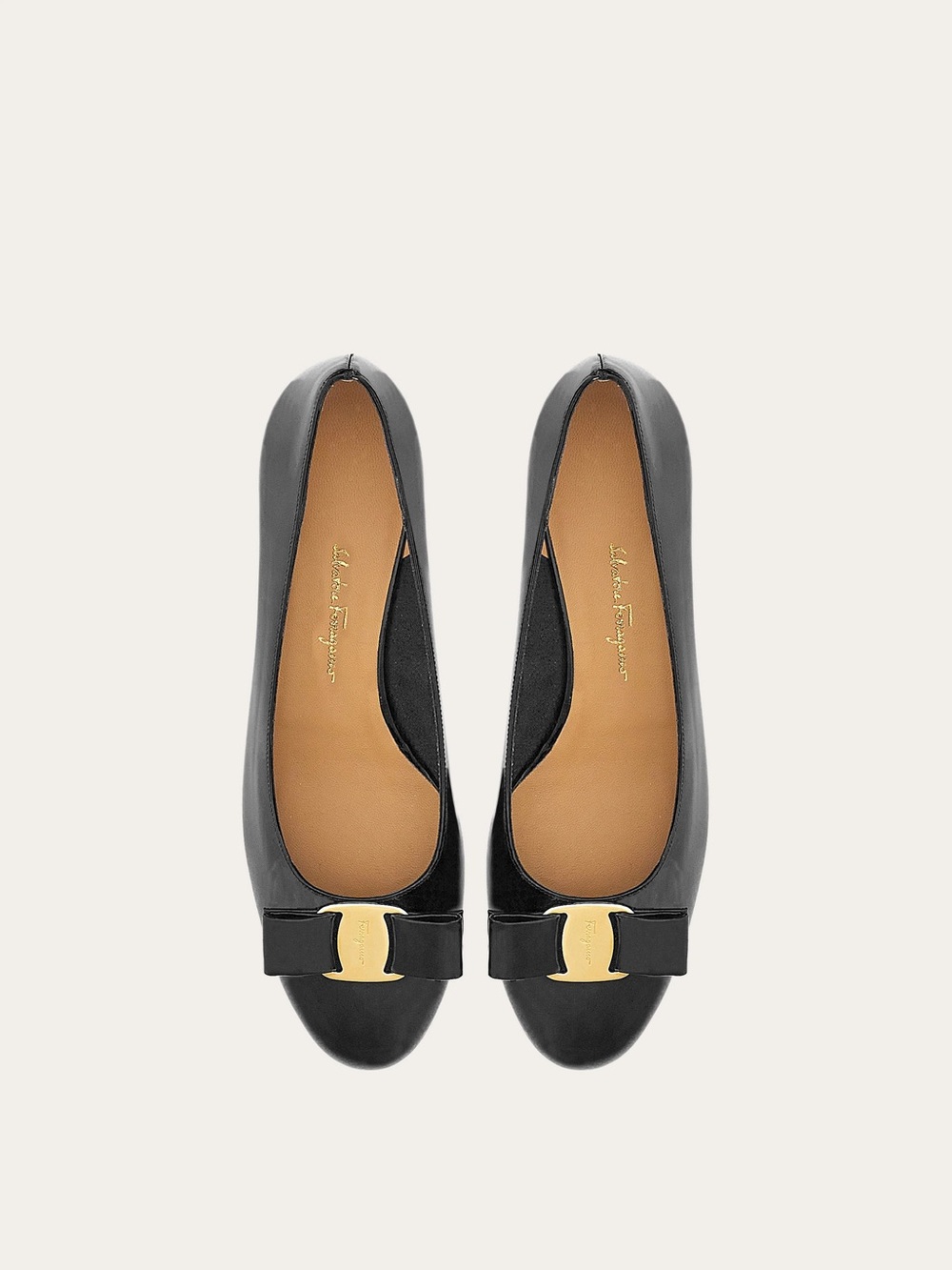 Salvatore Ferragamo Black Leather Vara Bow Flats with Gold Hardware